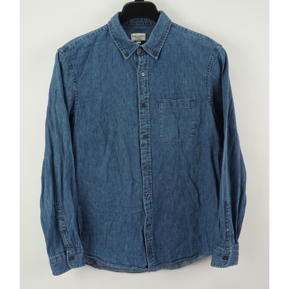 Club Monaco Mens Medium Slim Fit Long Sleeve Blue Denim Pocket Button Down Shirt